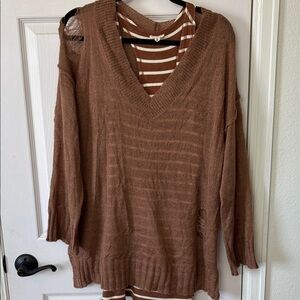 Brown V-Neck Distressed Women Sweater